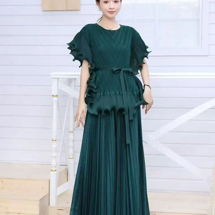 Miyake 3D Floral Pleated Set – Square Neck Top & A-Line Skirt 2025