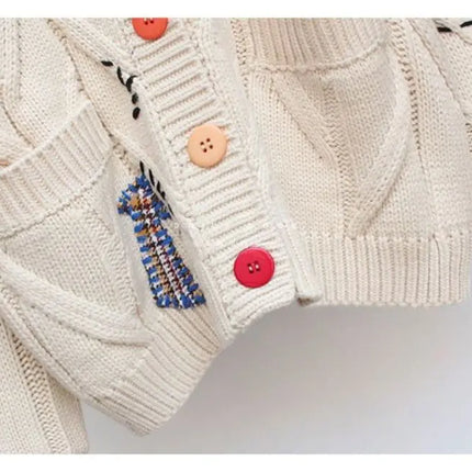 Women’s V-Neck Embroidered Patchwork Knit Cardigan