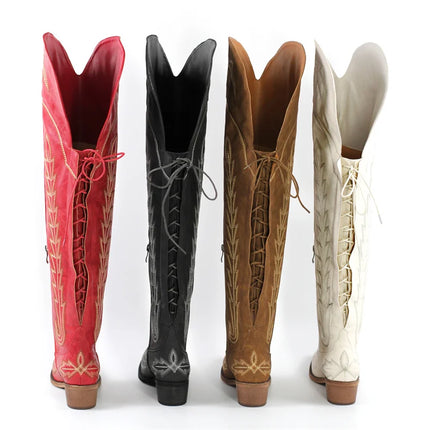 Onlymaker Women’s Red Thigh-High Embroidered Cowboy Boots
