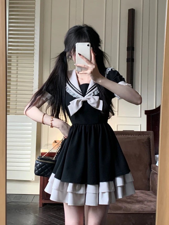 Harajuku Kawaii Bow Plaid Dress – Slim Fit Lolita Style
