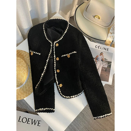 MEXZT Vintage Tweed Cropped Jacket – Elegant Quilted Black Blazer
