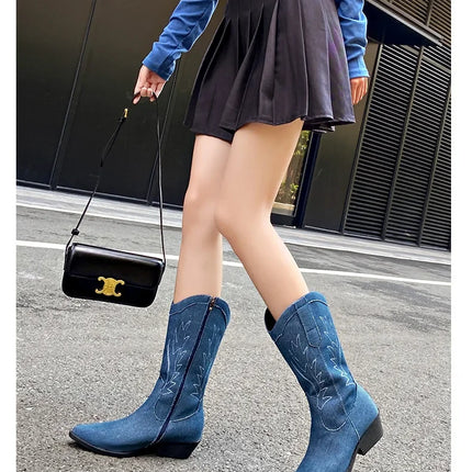 2024 Blue Denim Mid-Calf Embroidered Cowboy Boots