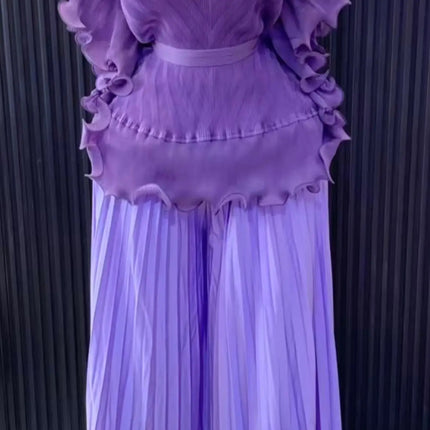 Miyake 3D Floral Pleated Set – Square Neck Top & A-Line Skirt 2025