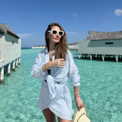 VEITCHE Linen Two-Piece Set – Long Sleeve Shirt & Mini Skirt Beachwear