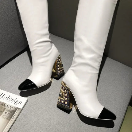 Rhinestone Cowhide Mid-Knee Heeled Boots