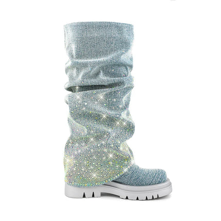 Women’s Blue Denim Pleated Platform Boots with Rhinestones
