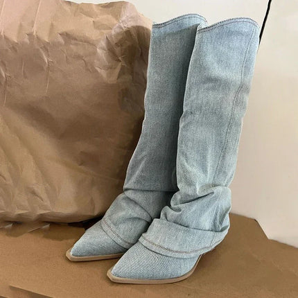 Women’s Blue Denim Thigh-High Cowboy Boots