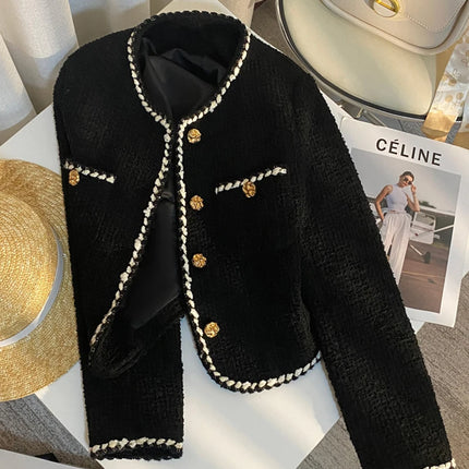 MEXZT Vintage Tweed Cropped Jacket – Elegant Quilted Black Blazer
