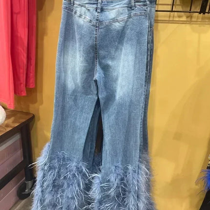 CM.YAYA Women’s Beaded Hollow-Out Feather Flare Jeans
