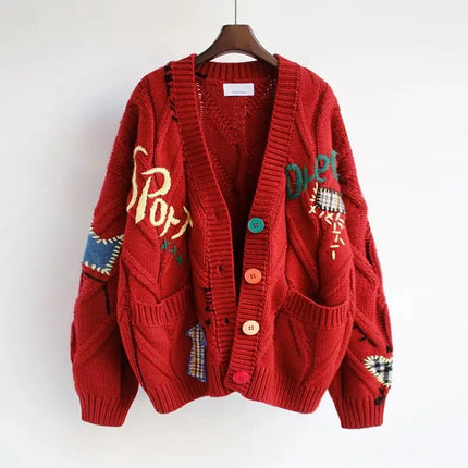 Women’s V-Neck Embroidered Patchwork Knit Cardigan