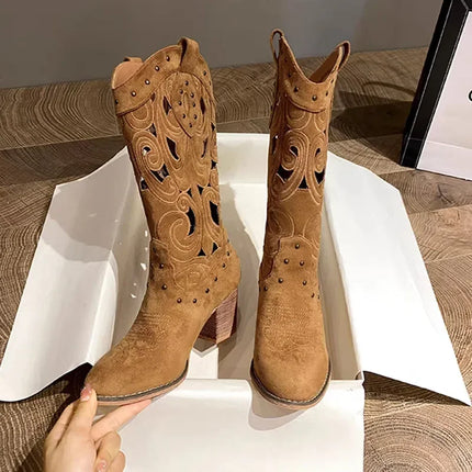 2025 Vintage Hollow Embroidered Knee-High Western Boots