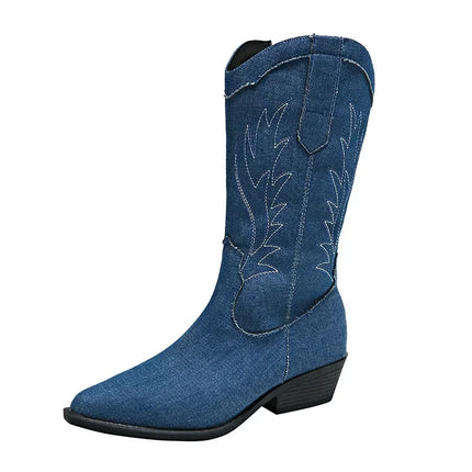 2024 Blue Denim Mid-Calf Embroidered Cowboy Boots