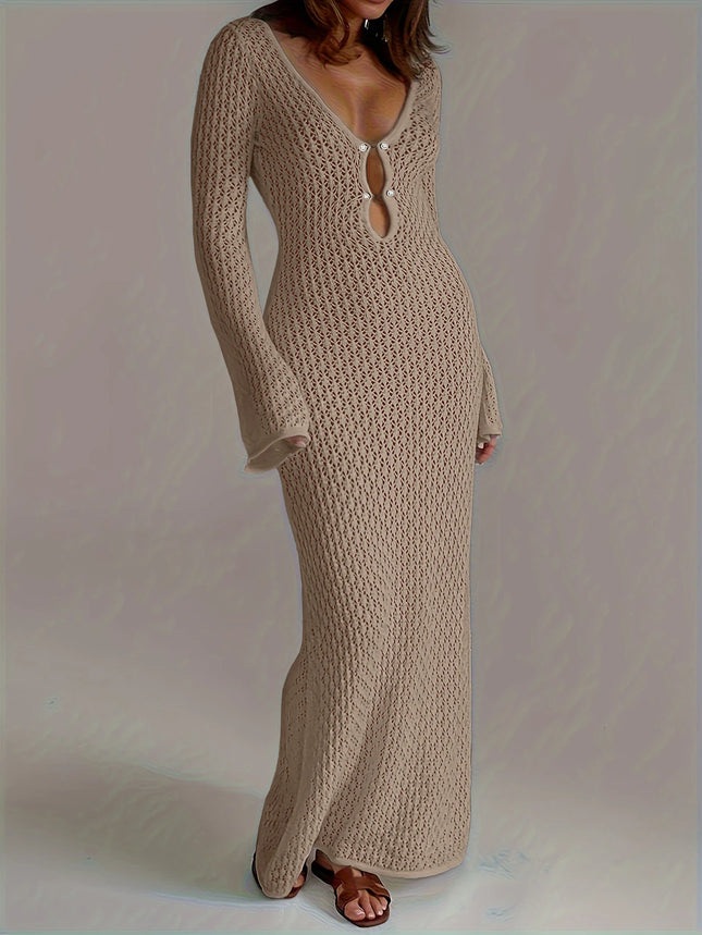 See-Through Deep V Knit Cover-Up – Sexy Backless Beach Dress