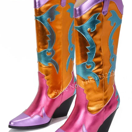 Women’s Retro Multicolor Mid-Calf Chunky Heel Boots
