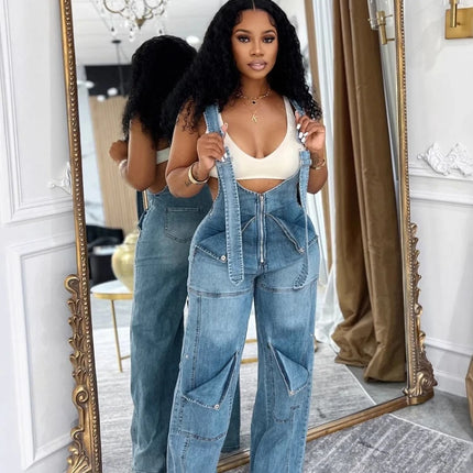 CM.YAYA Women’s Safari Style Wide-Leg Cargo Denim Overalls