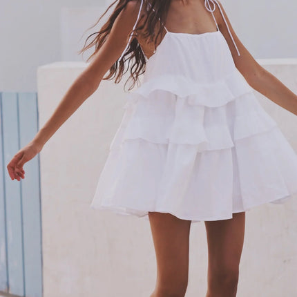 Wolfeel Classic White Cotton Mini Dress – Sexy Summer Ruffle