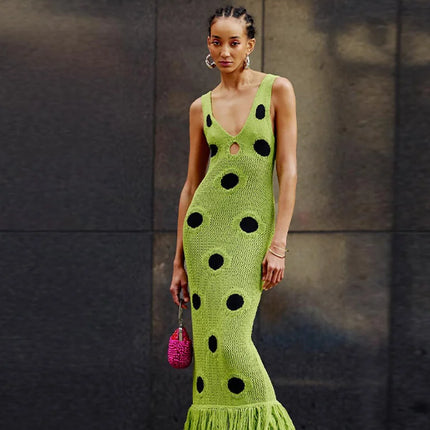 Women’s Hollow-Out Knitted Maxi Dress with Tassel Hem