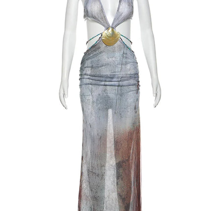 Nibber Pearl Shell Halter – See-Through Backless Bodycon Dress