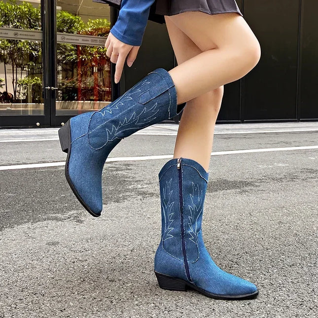 2024 Blue Denim Mid-Calf Embroidered Cowboy Boots