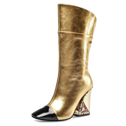 Rhinestone Cowhide Mid-Knee Heeled Boots