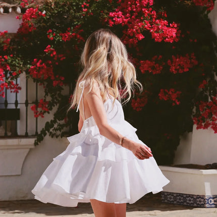 Wolfeel Classic White Cotton Mini Dress – Sexy Summer Ruffle