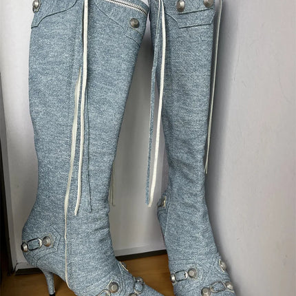 Women’s Pointed Rivet Tassel Knee-High Boots with Side Zip