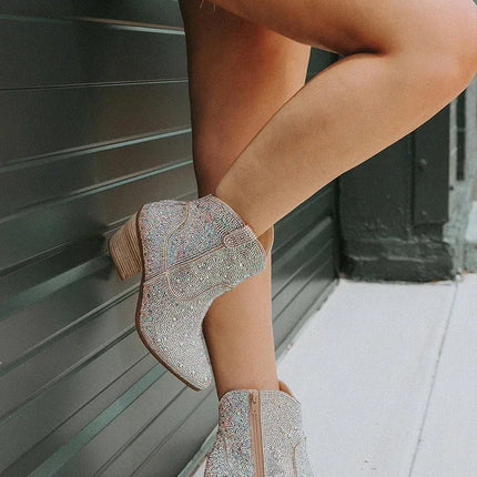 2024 Women’s Glitter High Heel Western Ankle Boots