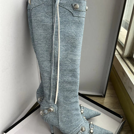 Women’s Pointed Rivet Tassel Knee-High Boots with Side Zip