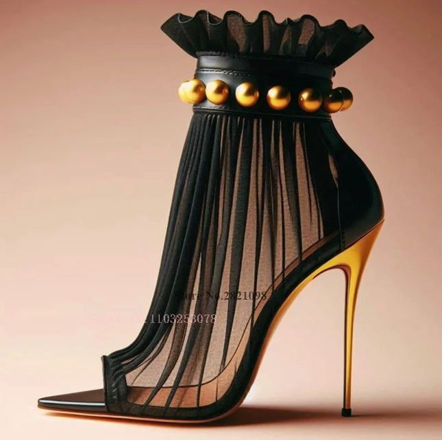 Women’s Black Mesh Ankle Boots with Gold Studs and Pointed Stilettos