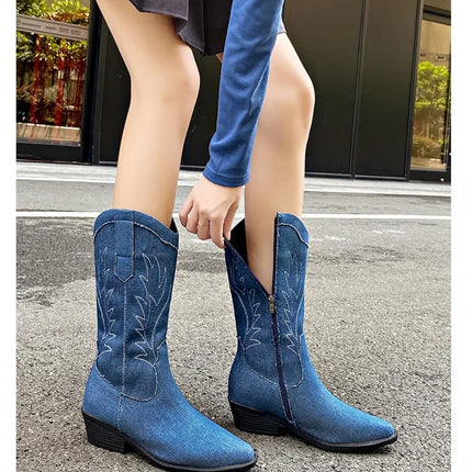 2024 Blue Denim Mid-Calf Embroidered Cowboy Boots