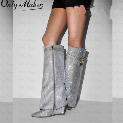 Onlymaker Women’s Rhinestone Knee-High Party Boots