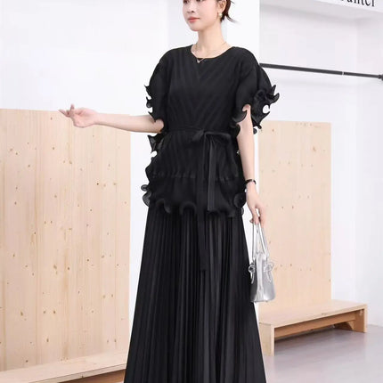 Miyake 3D Floral Pleated Set – Square Neck Top & A-Line Skirt 2025