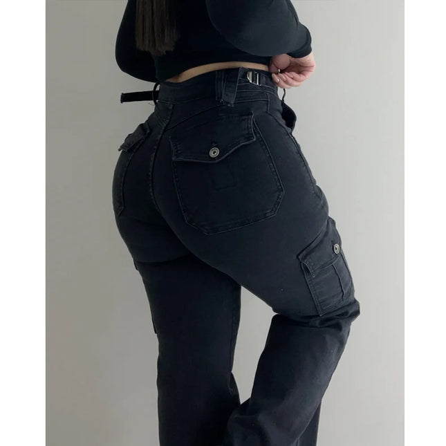 Women’s High-Waist Stretch Cargo Jeans with Multi-Pocket Design