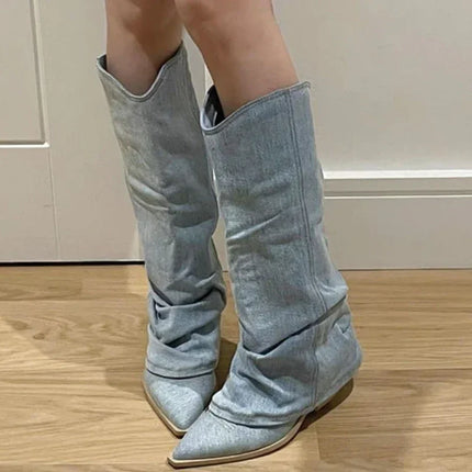 Women’s Blue Denim Thigh-High Cowboy Boots