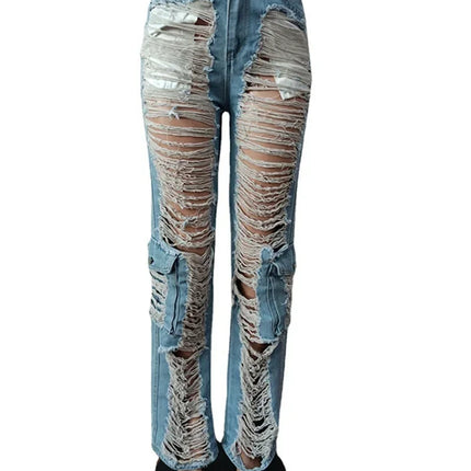 Women’s High-Waist Patchwork Hollow-Out Ripped Jeans