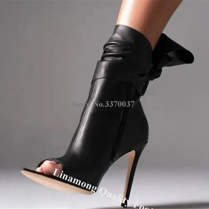 Linamong Women’s Black Leather Lace-Up Bowtie Ankle Booties