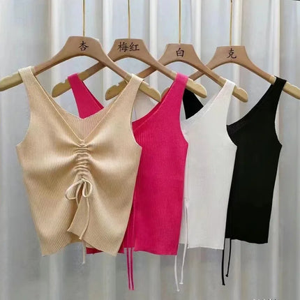 StretchFit – Summer Ribbed Drawstring V-Neck Crop Top