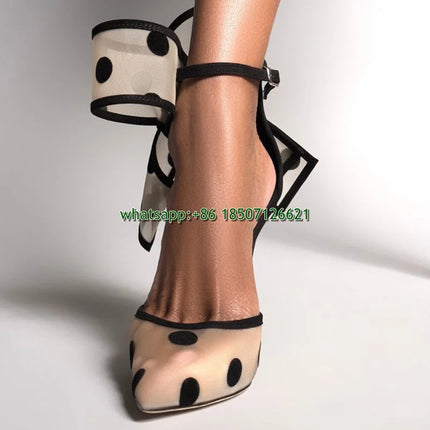 Women’s Plus-Size Polka Dot Mesh Slingback Heels with Bow