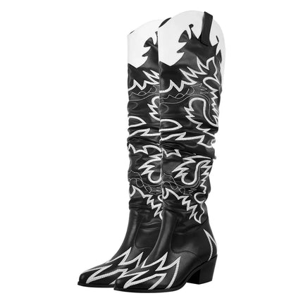 Onlymaker Women’s Wide-Calf Knee-High Embroidered Cowboy Boots