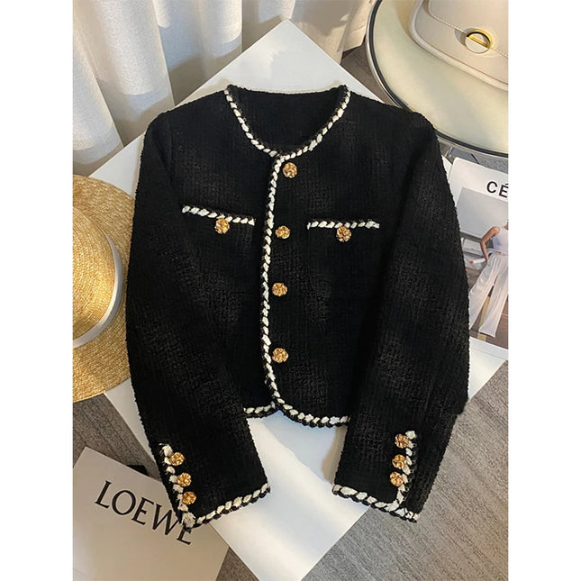 MEXZT Vintage Tweed Cropped Jacket – Elegant Quilted Black Blazer