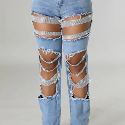 CM.YAYA Women’s Pearl Beaded Ripped Tassel Wide-Leg Jeans