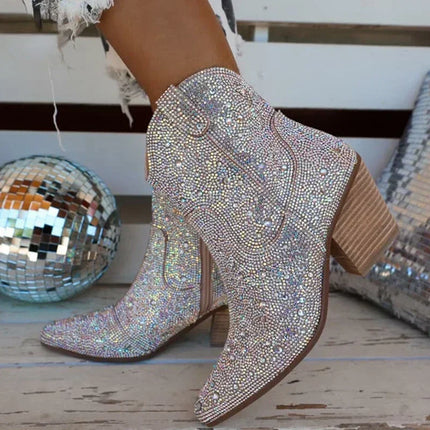 2024 Women’s Glitter High Heel Western Ankle Boots