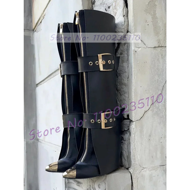 Women’s Gold Pointed-Toe Fold-Over High-Heel Boots