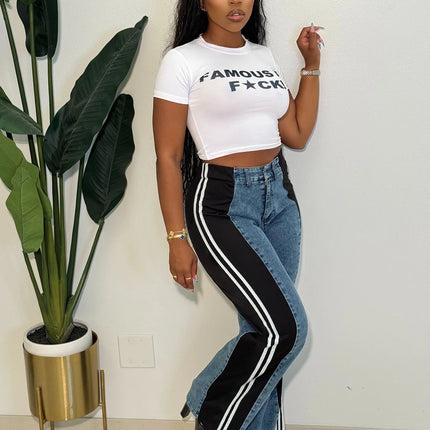 Women’s Patchwork Striped High-Waist Wide-Leg Jeans