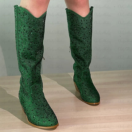 Onlymaker Women’s Rhinestone Green Knee-High Cowboy Boots