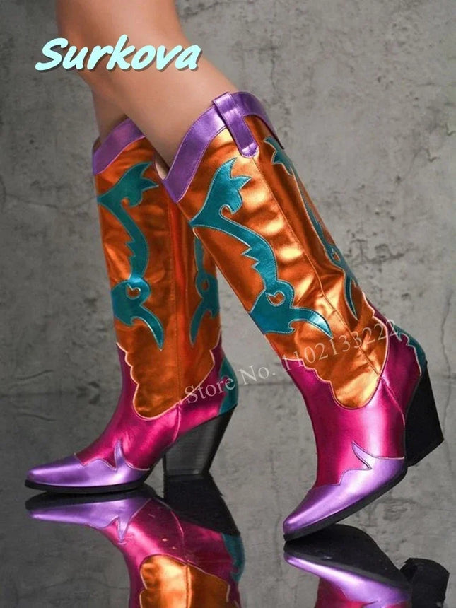 Women’s Retro Multicolor Mid-Calf Chunky Heel Boots