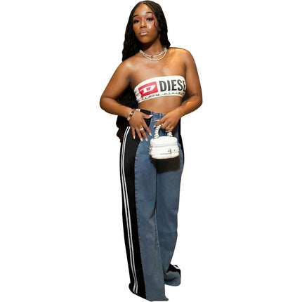 Women’s Patchwork Striped High-Waist Wide-Leg Jeans