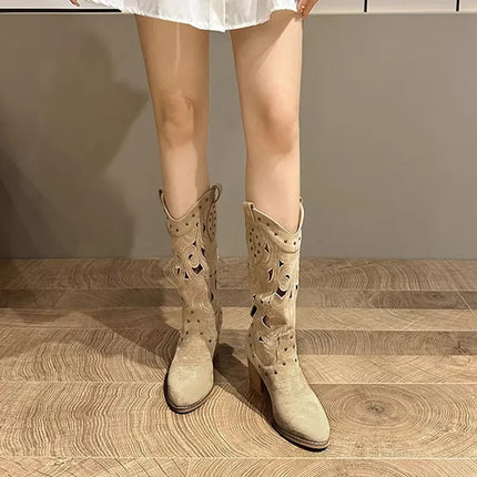 2025 Vintage Hollow Embroidered Knee-High Western Boots