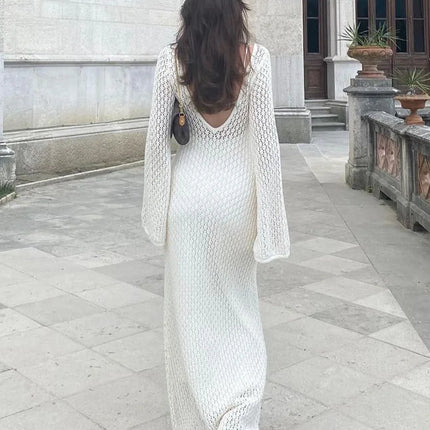 See-Through Deep V Knit Cover-Up – Sexy Backless Beach Dress