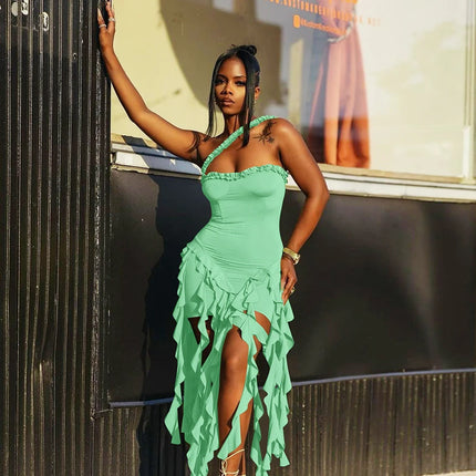 Hugcitar Ruffled Halter Backless Mini – Elegant Spring Dress